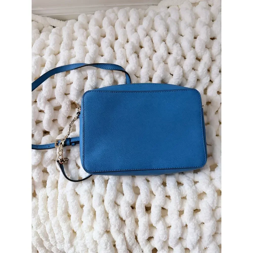 Michael Kors Jet Set Bright Blue Saffiano Leather Gold Tone Crossbody Bag Purse